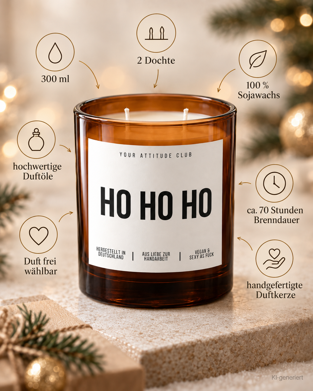 HO HO HO – Weihnachtskerze Naturgras Etikett | Weihnachtsgeschenk | Geschenk für Familie, Freunde & Kolleg:innen | Geschenkidee Weihnachten