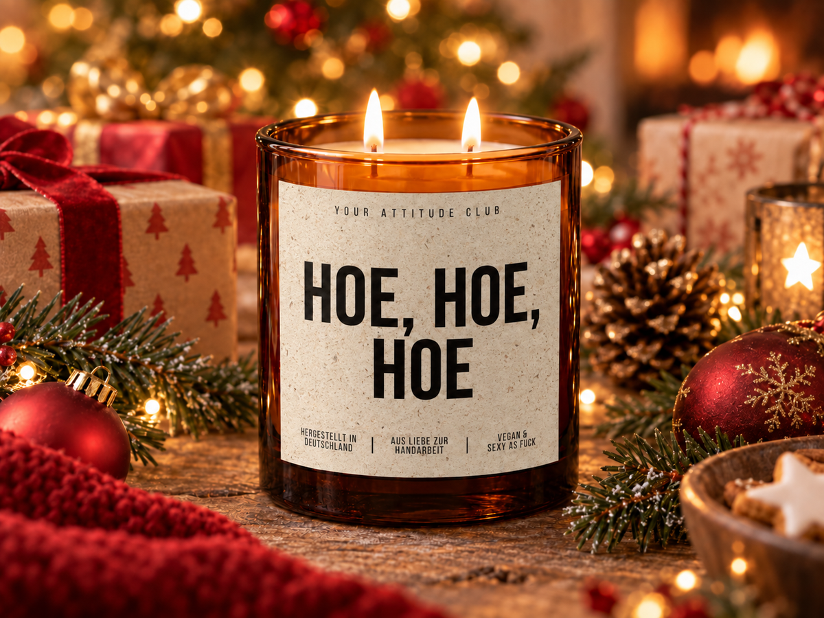 HOE, HOE, HOE – Weihnachtskerze Naturgras Etikett | Weihnachtsgeschenk | lustige Geschenkidee für Freunde, Kolleg:innen & Familie