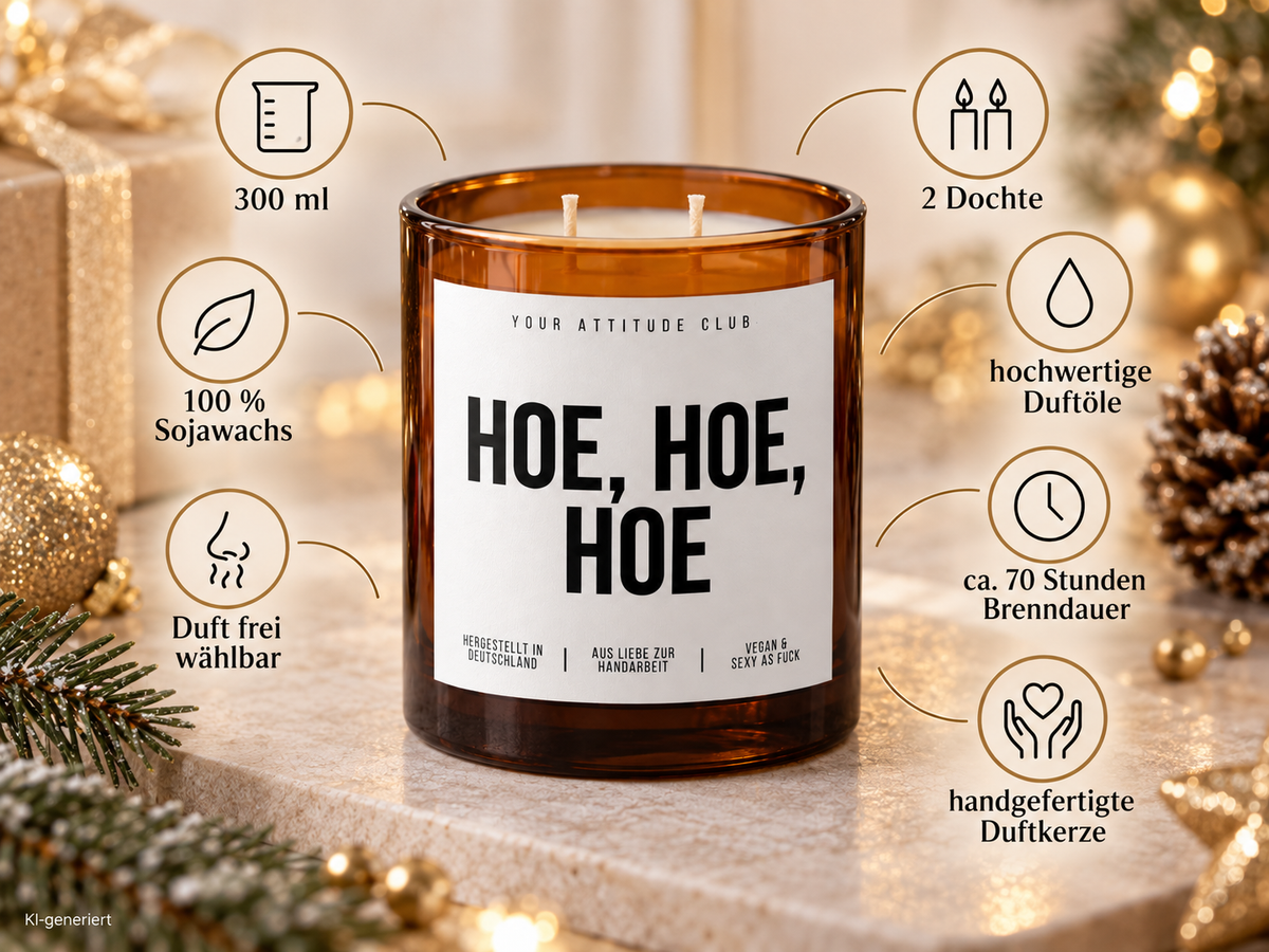 HOE, HOE, HOE – Weihnachtskerze Naturgras Etikett | Weihnachtsgeschenk | lustige Geschenkidee für Freunde, Kolleg:innen & Familie