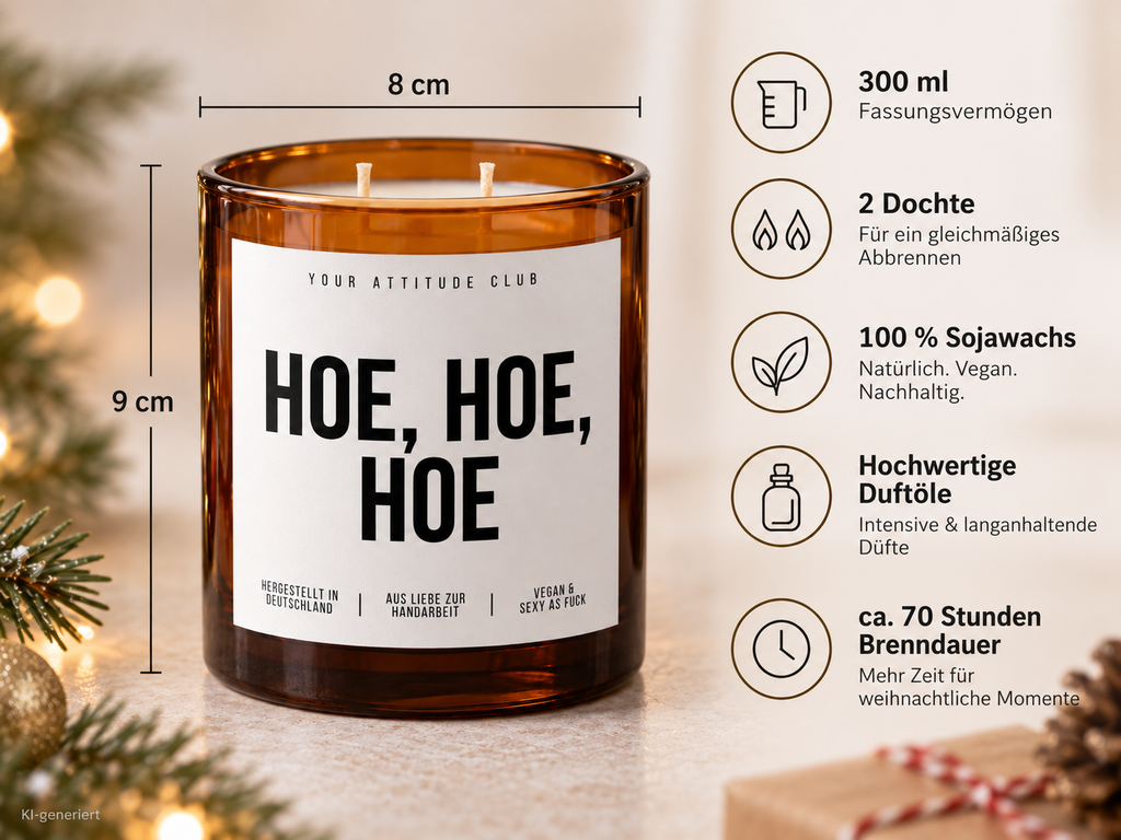 HOE, HOE, HOE – Weihnachtskerze Naturgras Etikett | Weihnachtsgeschenk | lustige Geschenkidee für Freunde, Kolleg:innen & Familie