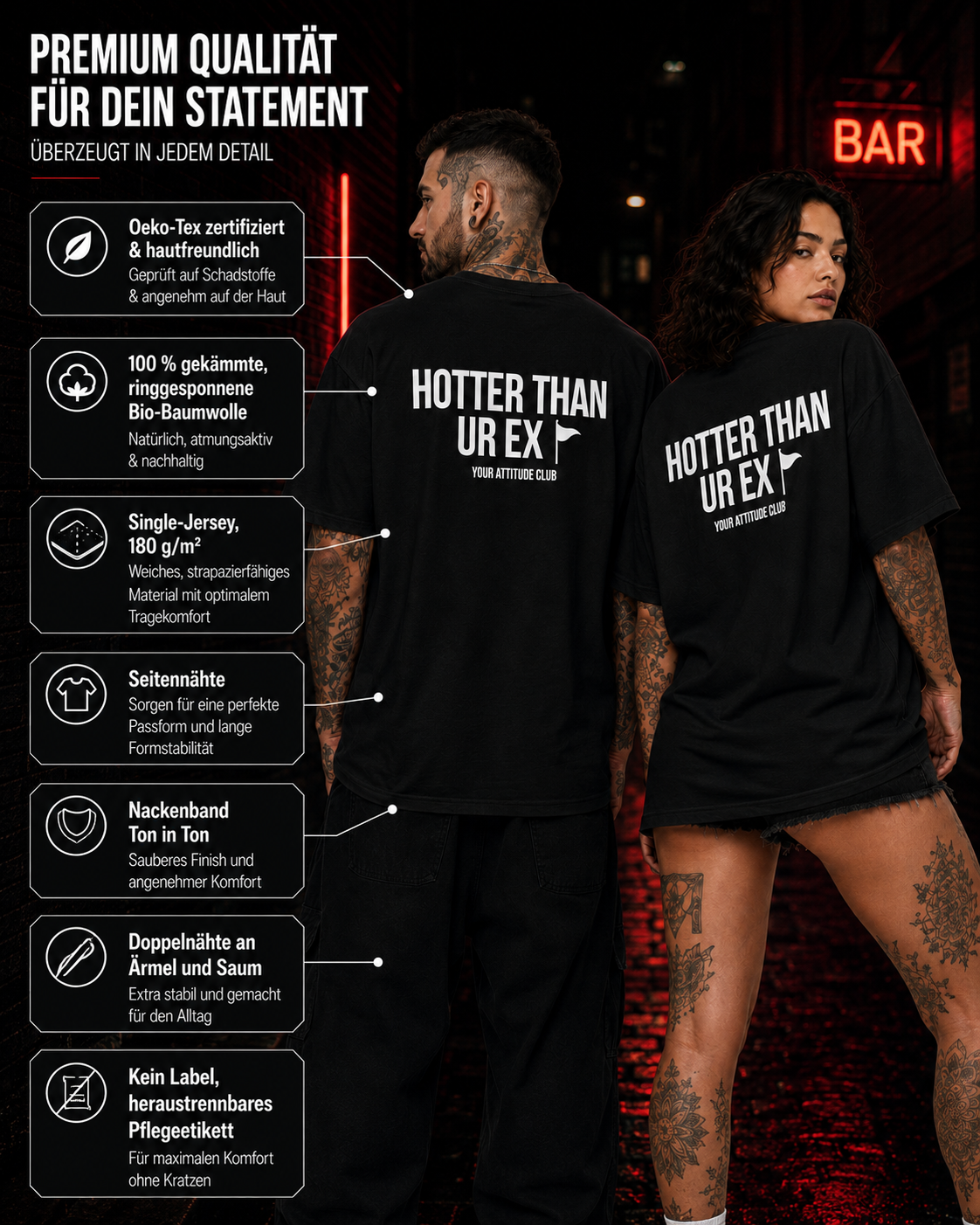 HOTTER THAN UR EX – schwarzes Unisex Oversize Shirt mit weißem Backprint, freches Statement T-Shirt, lustiger Spruch, Dating Humor, Streetwear Geschenk