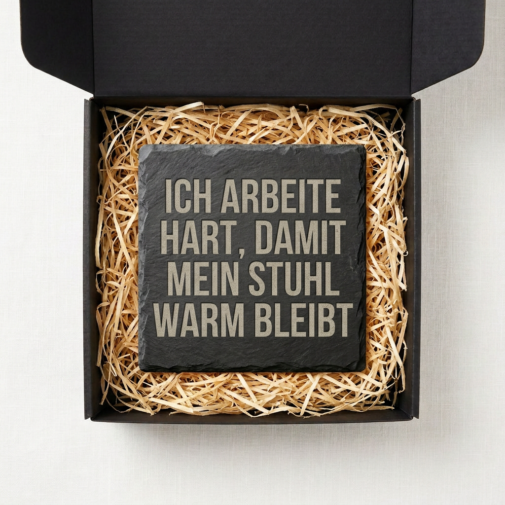 Ich arbeite hart, damit mein Stuhl warm bleibt – Schiefer Untersetzer 10x10 cm, lustiges Büro Geschenk, Geschenk für Arbeitskollegen, handgravierter Naturstein
