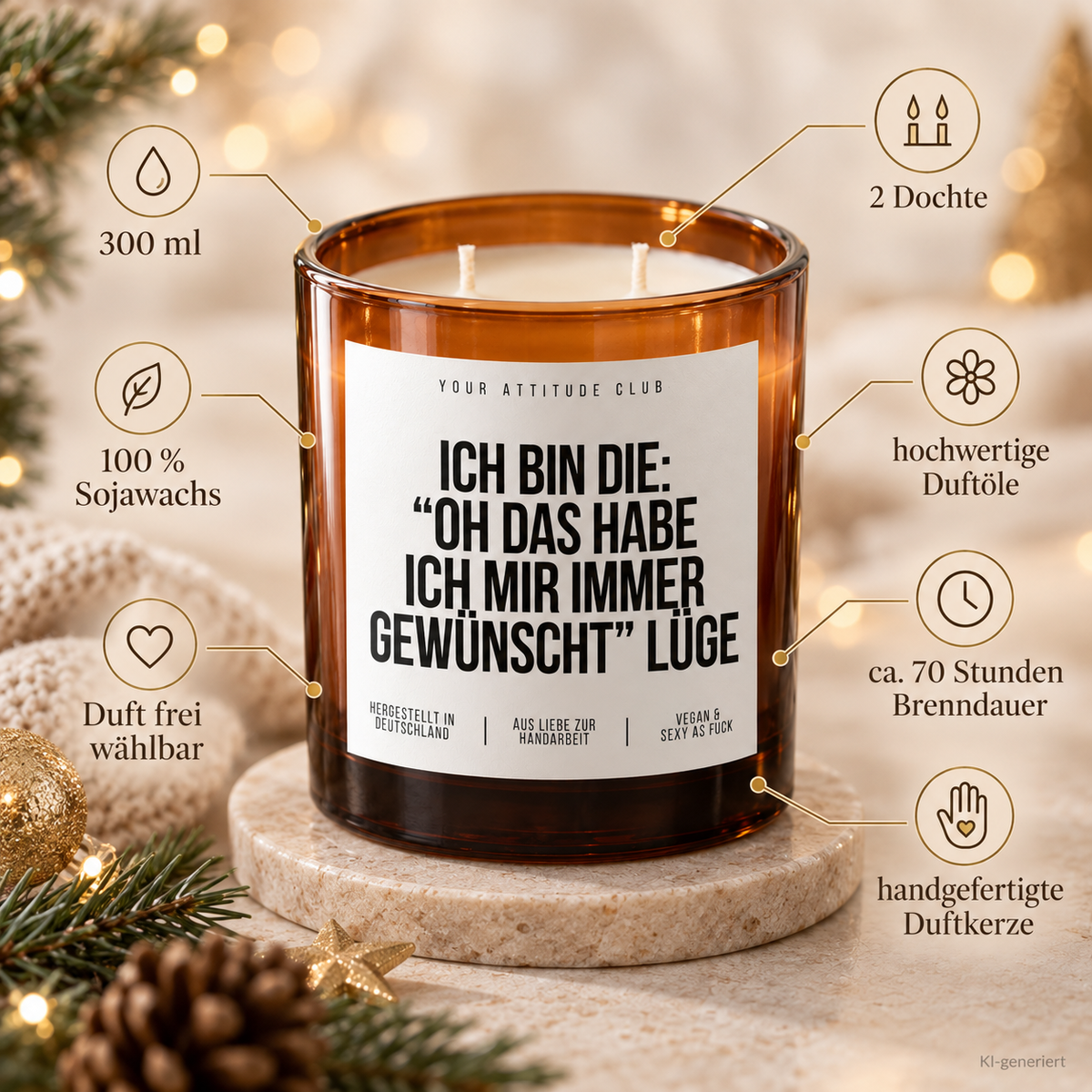 ICH BIN DIE: “OH DAS HABE ICH MIR IMMER GEWÜNSCHT” LÜGE – Weihnachtskerze Naturgras Etikett | Weihnachtsgeschenk | lustige Geschenkidee für Familie & Freunde