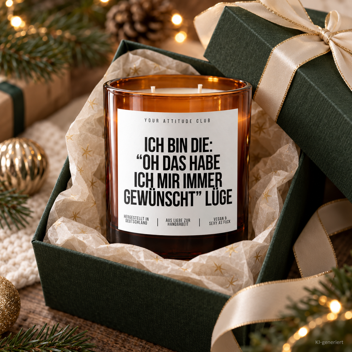 ICH BIN DIE: “OH DAS HABE ICH MIR IMMER GEWÜNSCHT” LÜGE – Weihnachtskerze Naturgras Etikett | Weihnachtsgeschenk | lustige Geschenkidee für Familie & Freunde