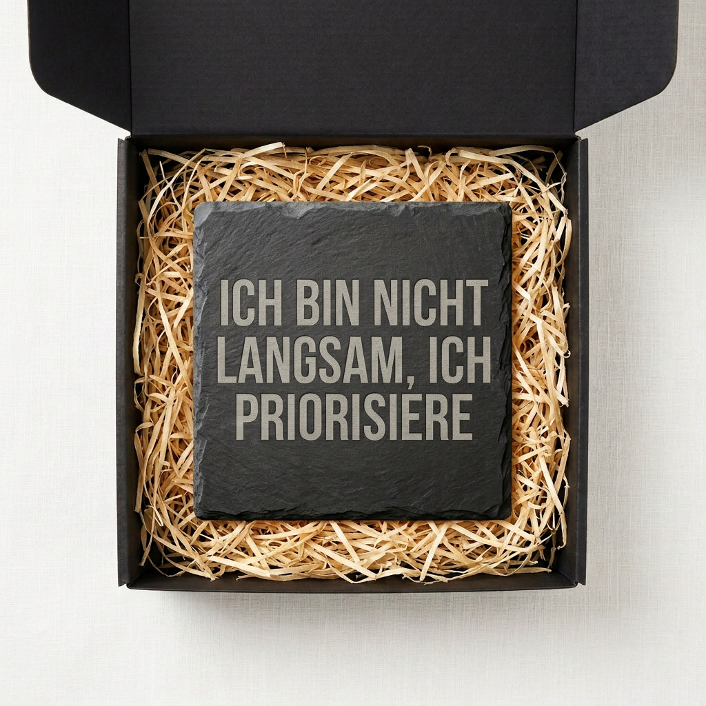 Ich bin nicht langsam, ich priorisiere – Schiefer Untersetzer 10x10 cm, lustiges Büro Geschenk, Geschenk für Arbeitskollegen, handgravierter Naturstein