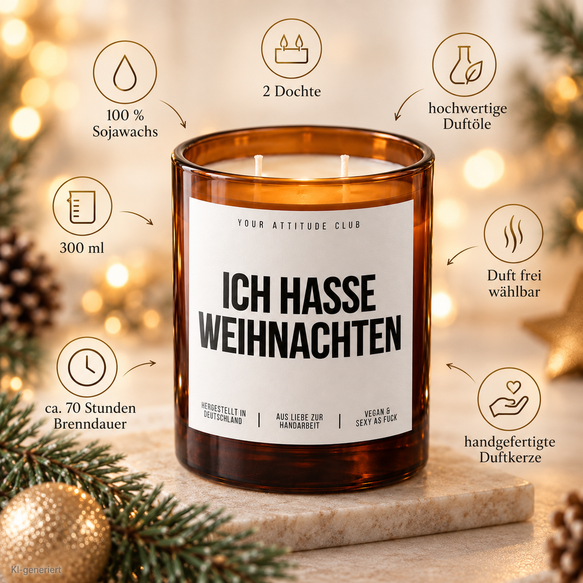 ICH HASSE WEIHNACHTEN – Weihnachtskerze Naturgras Etikett | lustiges Weihnachtsgeschenk | Geschenk für Kolleg:innen, Freunde & Familie | Wichtelgeschenk