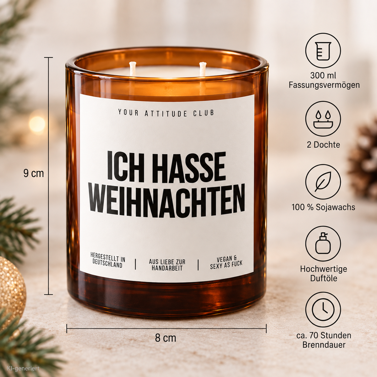 ICH HASSE WEIHNACHTEN – Weihnachtskerze Naturgras Etikett | lustiges Weihnachtsgeschenk | Geschenk für Kolleg:innen, Freunde & Familie | Wichtelgeschenk