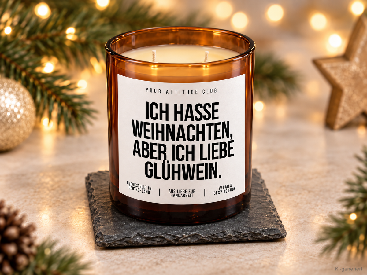 ICH HASSE WEIHNACHTEN, ABER ICH LIEBE GLÜHWEIN. – Weihnachtskerze Naturgras Etikett | Weihnachtsgeschenk | Wichtelgeschenk | Geschenkidee Weihnachten