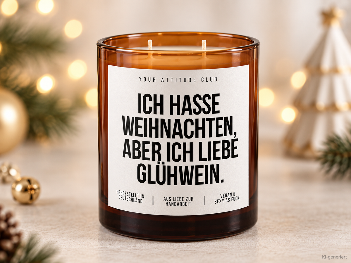 ICH HASSE WEIHNACHTEN, ABER ICH LIEBE GLÜHWEIN. – Weihnachtskerze Naturgras Etikett | Weihnachtsgeschenk | Wichtelgeschenk | Geschenkidee Weihnachten
