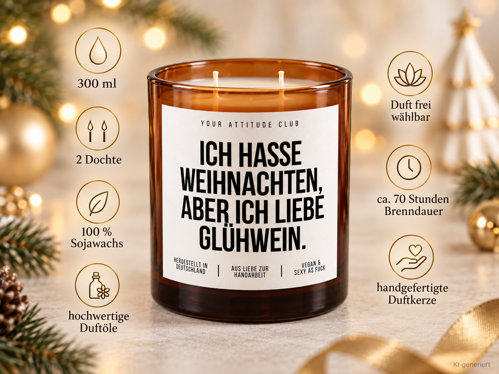 ICH HASSE WEIHNACHTEN, ABER ICH LIEBE GLÜHWEIN. – Weihnachtskerze Naturgras Etikett | Weihnachtsgeschenk | Wichtelgeschenk | Geschenkidee Weihnachten