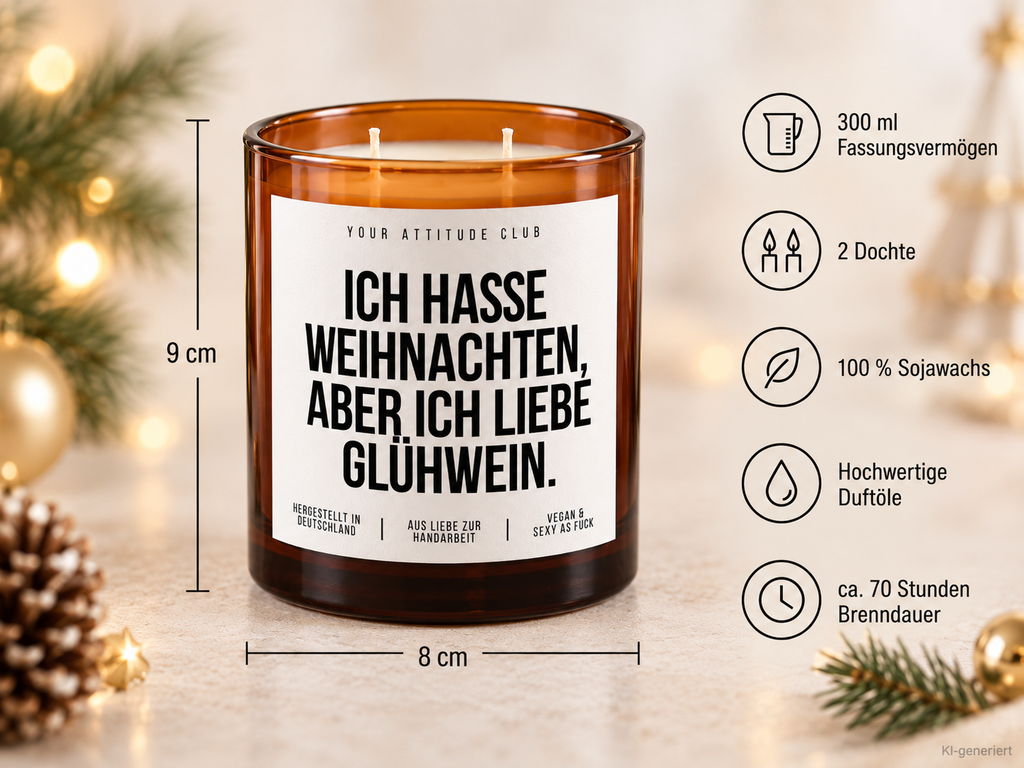 ICH HASSE WEIHNACHTEN, ABER ICH LIEBE GLÜHWEIN. – Weihnachtskerze Naturgras Etikett | Weihnachtsgeschenk | Wichtelgeschenk | Geschenkidee Weihnachten