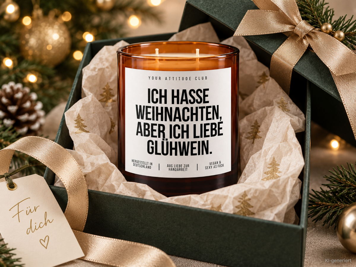 ICH HASSE WEIHNACHTEN, ABER ICH LIEBE GLÜHWEIN. – Weihnachtskerze Naturgras Etikett | Weihnachtsgeschenk | Wichtelgeschenk | Geschenkidee Weihnachten