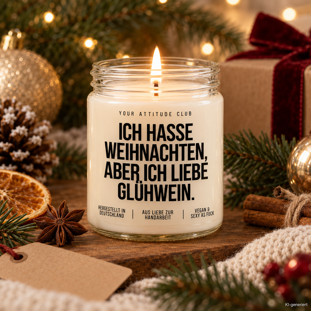 ICH HASSE WEIHNACHTEN, ABER ICH LIEBE GLÜHWEIN. | Weihnachtskerze Duftkerze Weihnachten Geschenkidee Wichtelgeschenk lustiges Weihnachtsgeschenk