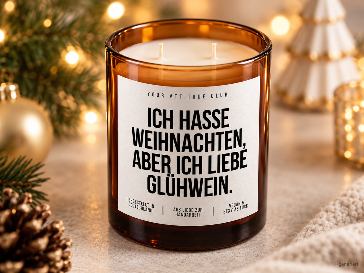 ICH HASSE WEIHNACHTEN, ABER ICH LIEBE GLÜHWEIN. – Weihnachtskerze | Lustiges Weihnachtsgeschenk | Geschenkidee für Freunde, Kolleg:innen & Glühwein-Fans