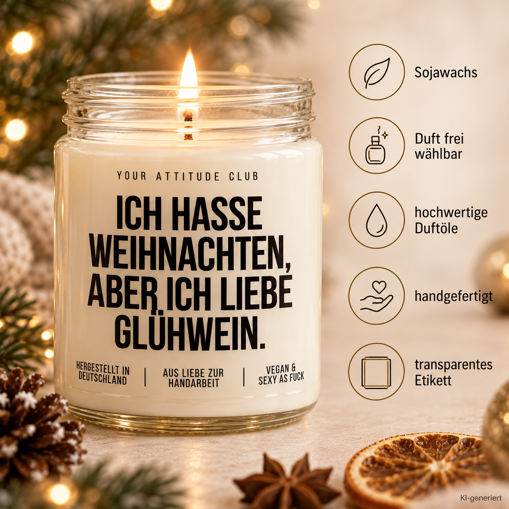 ICH HASSE WEIHNACHTEN, ABER ICH LIEBE GLÜHWEIN. | Weihnachtskerze Duftkerze Geschenk Weihnachten Wichtelgeschenk Geschenkidee für Freunde Kollegen