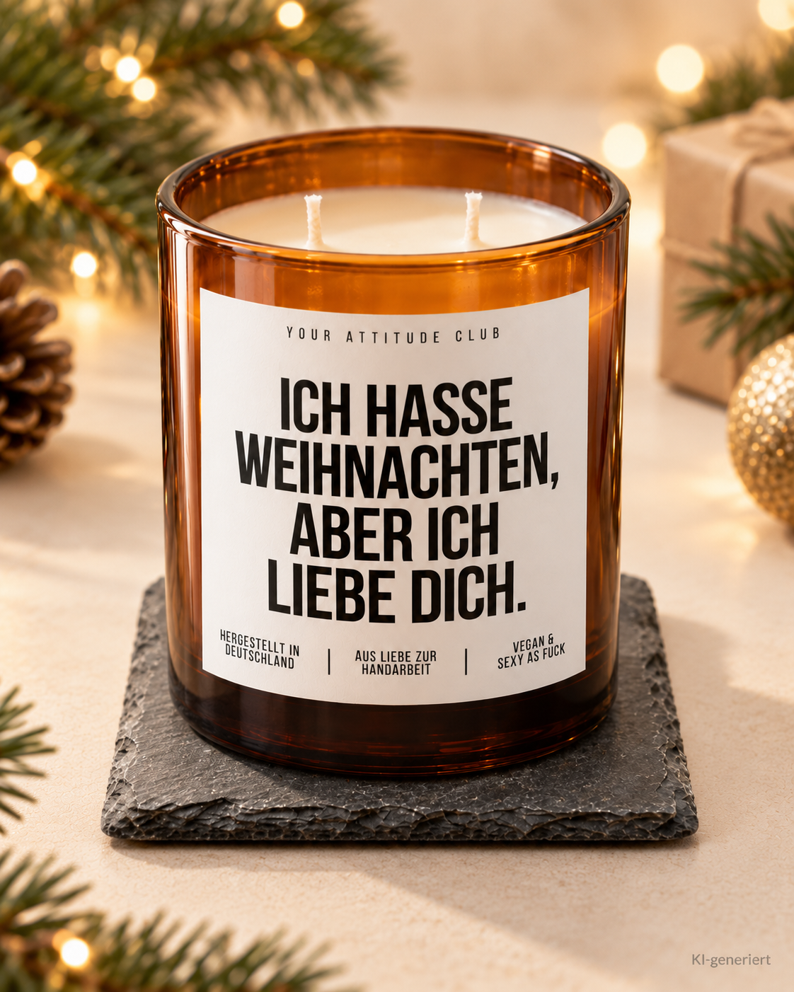 ICH HASSE WEIHNACHTEN, ABER ICH LIEBE DICH. – Weihnachtskerze Naturgras Etikett | Weihnachtsgeschenk für Partner:in | Geschenkidee Weihnachten