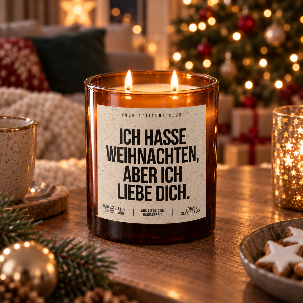 ICH HASSE WEIHNACHTEN, ABER ICH LIEBE DICH. – Weihnachtskerze Naturgras Etikett | Weihnachtsgeschenk für Partner:in | Geschenkidee Weihnachten