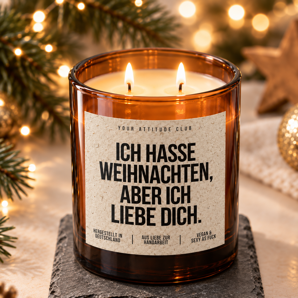 ICH HASSE WEIHNACHTEN, ABER ICH LIEBE DICH. – Weihnachtskerze Naturgras Etikett | Weihnachtsgeschenk für Partner:in | Geschenkidee Weihnachten