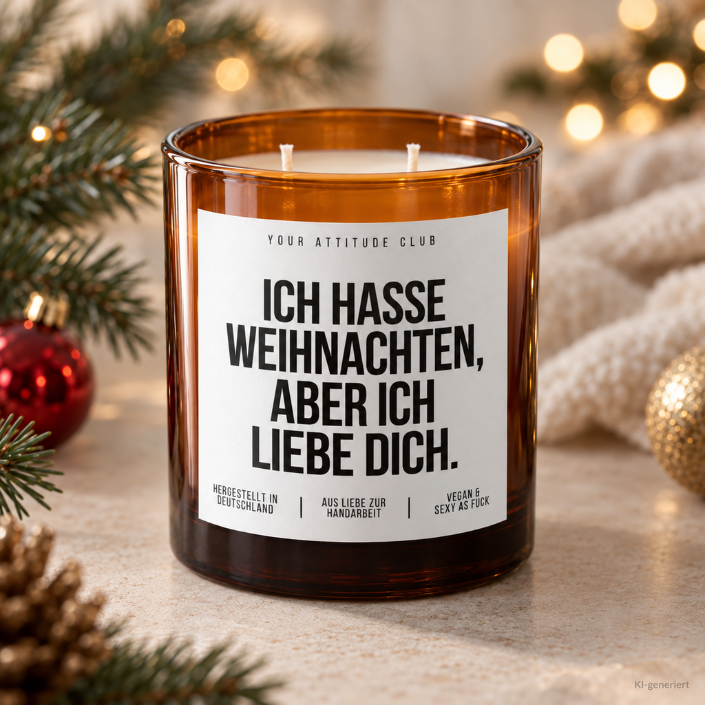 ICH HASSE WEIHNACHTEN, ABER ICH LIEBE DICH. – Weihnachtskerze Naturgras Etikett | Weihnachtsgeschenk für Partner:in | Geschenkidee Weihnachten