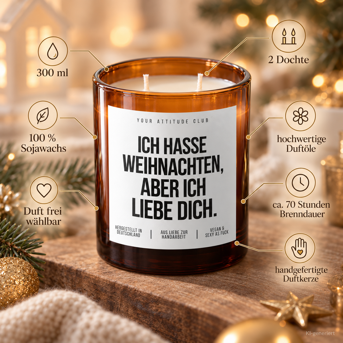 ICH HASSE WEIHNACHTEN, ABER ICH LIEBE DICH. – Weihnachtskerze Naturgras Etikett | Weihnachtsgeschenk für Partner:in | Geschenkidee Weihnachten