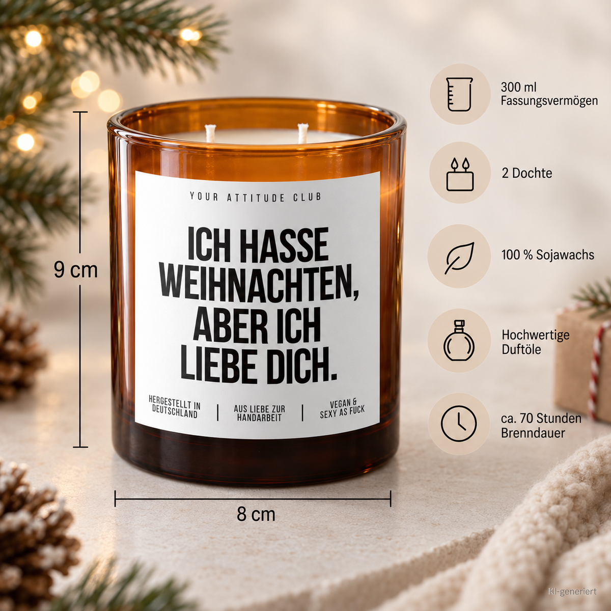 ICH HASSE WEIHNACHTEN, ABER ICH LIEBE DICH. – Weihnachtskerze Naturgras Etikett | Weihnachtsgeschenk für Partner:in | Geschenkidee Weihnachten