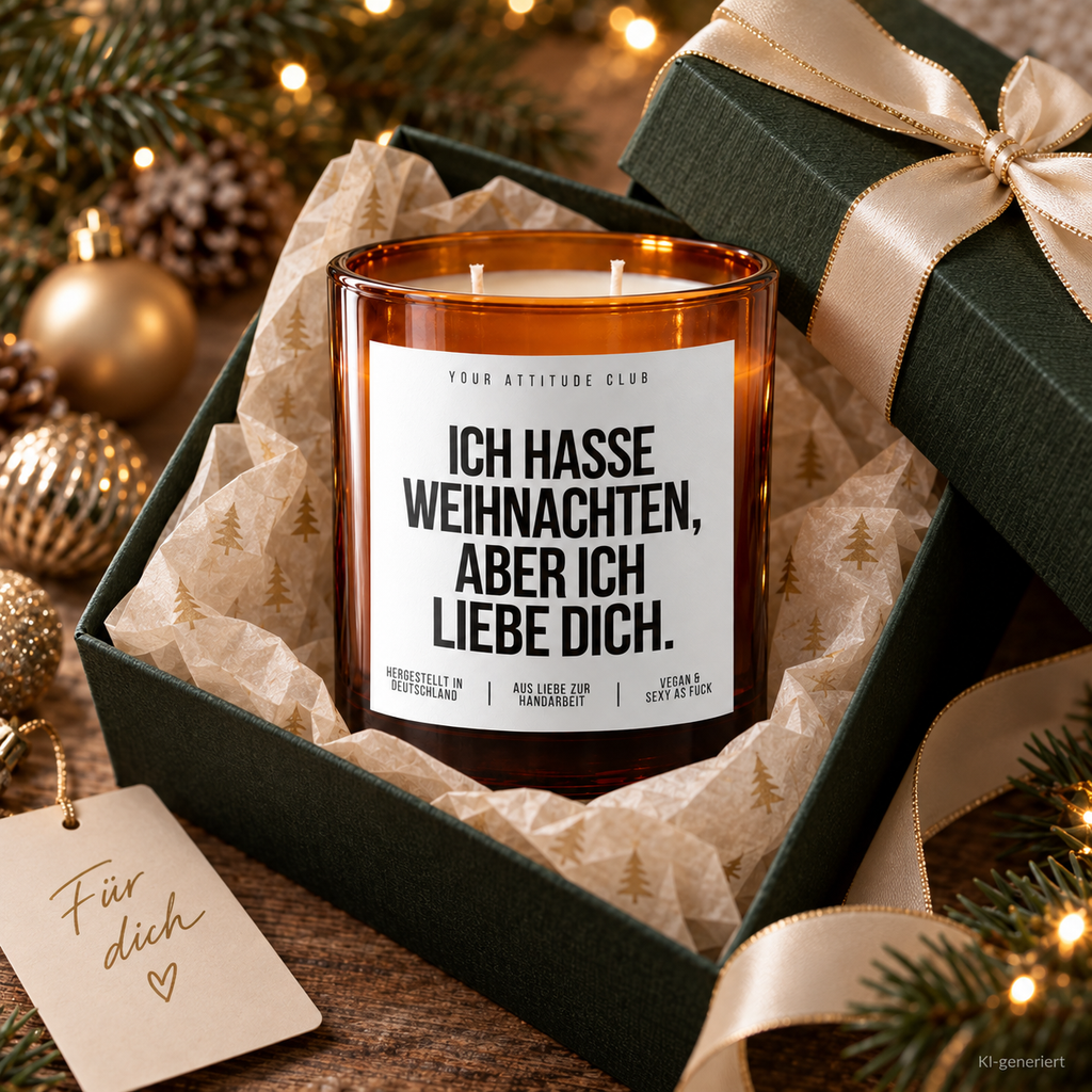 ICH HASSE WEIHNACHTEN, ABER ICH LIEBE DICH. – Weihnachtskerze Naturgras Etikett | Weihnachtsgeschenk für Partner:in | Geschenkidee Weihnachten