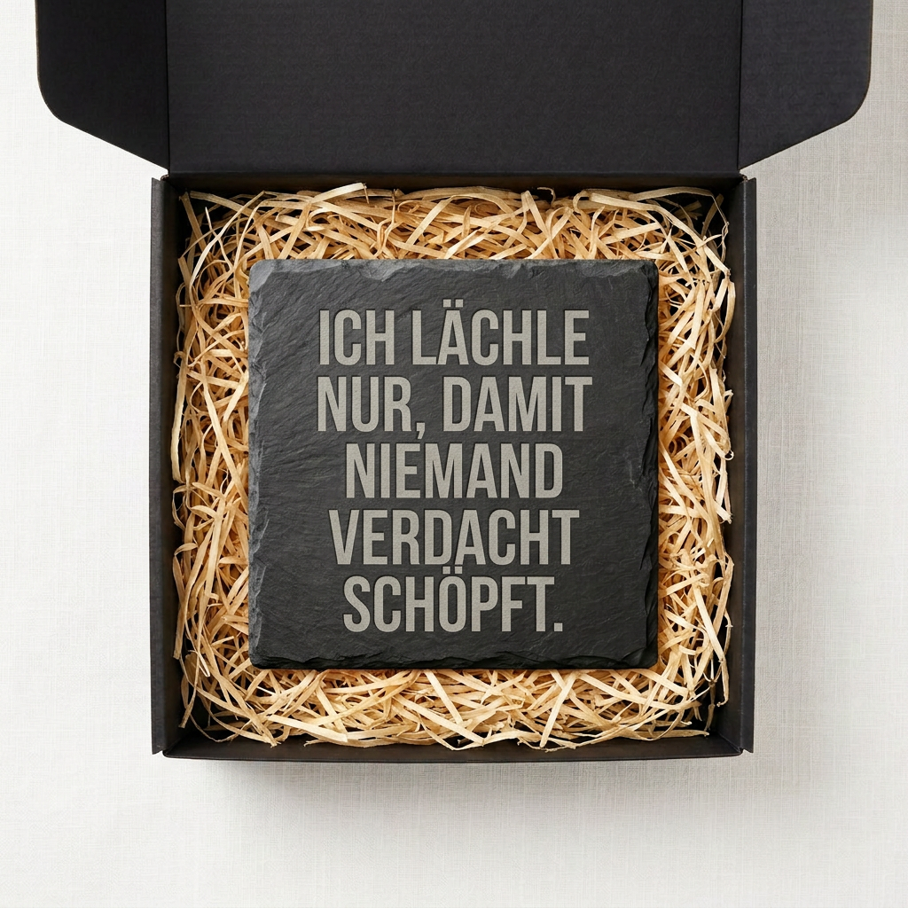 Ich lächle nur, damit niemand Verdacht schöpft. – Schiefer Untersetzer 10x10 cm, lustiges Büro Geschenk, Geschenk für Arbeitskollegen, handgravierter Naturstein