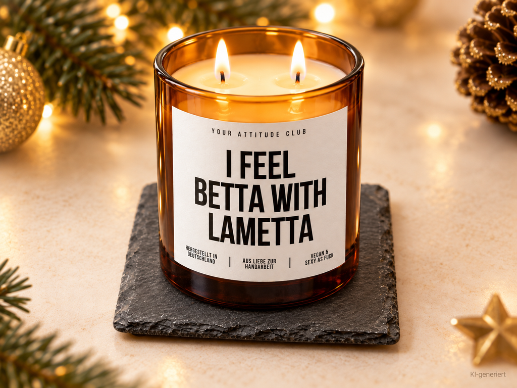 I FEEL BETTA WITH LAMETTA – Weihnachtskerze Naturgras Etikett | Weihnachtsgeschenk | lustige Geschenkidee für Freunde, Kolleg:innen & Familie