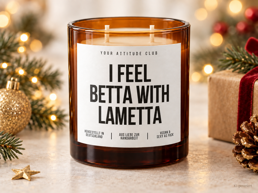 I FEEL BETTA WITH LAMETTA – Weihnachtskerze Naturgras Etikett | Weihnachtsgeschenk | lustige Geschenkidee für Freunde, Kolleg:innen & Familie