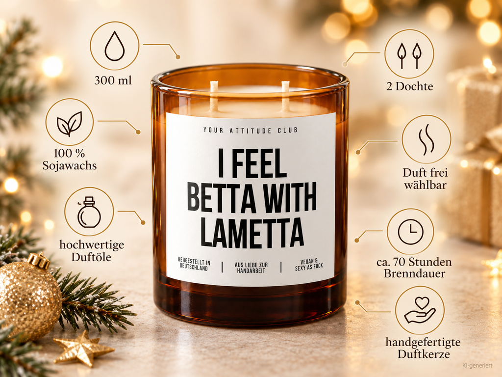 I FEEL BETTA WITH LAMETTA – Weihnachtskerze Naturgras Etikett | Weihnachtsgeschenk | lustige Geschenkidee für Freunde, Kolleg:innen & Familie
