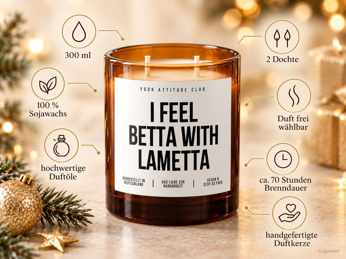I FEEL BETTA WITH LAMETTA – Weihnachtskerze Naturgras Etikett | Weihnachtsgeschenk | lustige Geschenkidee für Freunde, Kolleg:innen & Familie