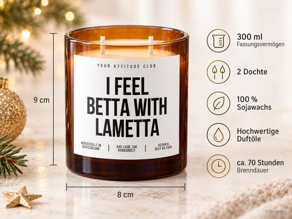 I FEEL BETTA WITH LAMETTA – Weihnachtskerze Naturgras Etikett | Weihnachtsgeschenk | lustige Geschenkidee für Freunde, Kolleg:innen & Familie