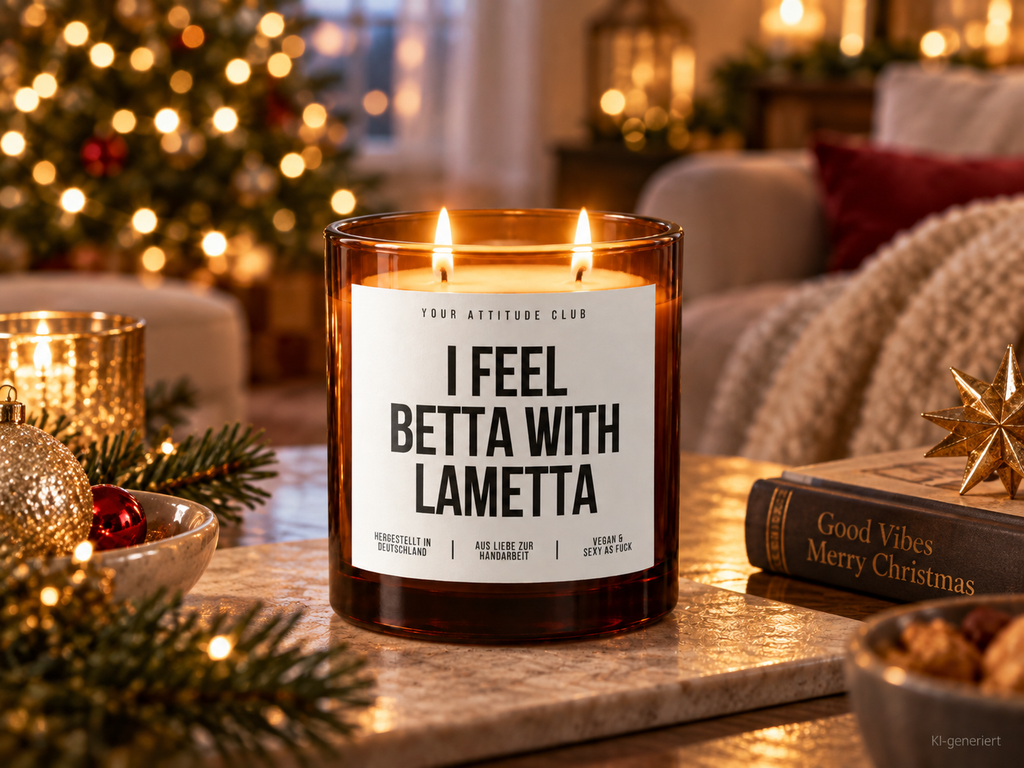 I FEEL BETTA WITH LAMETTA – Weihnachtskerze Naturgras Etikett | Weihnachtsgeschenk | lustige Geschenkidee für Freunde, Kolleg:innen & Familie
