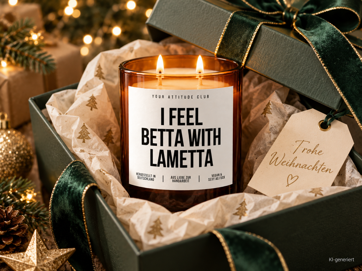 I FEEL BETTA WITH LAMETTA – Weihnachtskerze Naturgras Etikett | Weihnachtsgeschenk | lustige Geschenkidee für Freunde, Kolleg:innen & Familie