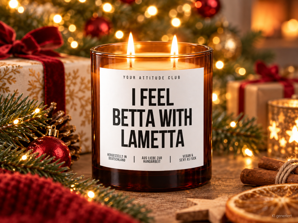 I FEEL BETTA WITH LAMETTA – Weihnachtskerze Naturgras Etikett | Weihnachtsgeschenk | lustige Geschenkidee für Freunde, Kolleg:innen & Familie