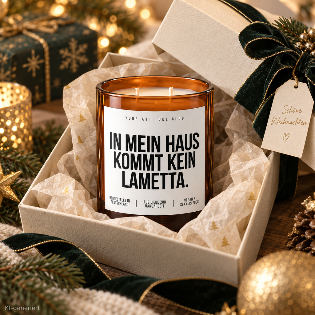 IN MEIN HAUS KOMMT KEIN LAMETTA. – Weihnachtskerze Naturgras Etikett | Weihnachtsgeschenk | Wichtelgeschenk | Geschenkidee Weihnachten