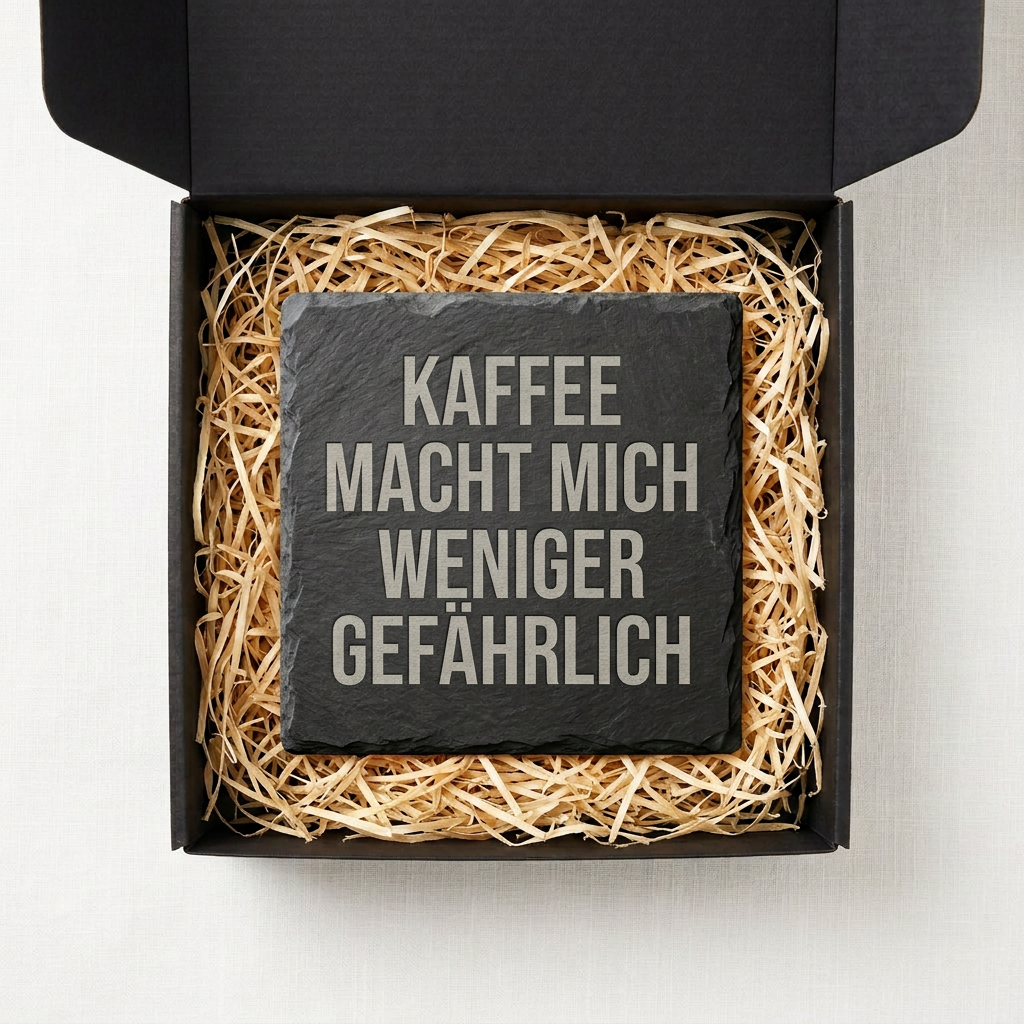 Kaffee macht mich weniger gefährlich – Schiefer Untersetzer 10x10 cm, lustiges Büro Geschenk, Geschenk für Arbeitskollegen, handgravierter Naturstein