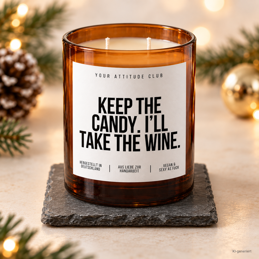 KEEP THE CANDY. I’LL TAKE THE WINE. – Weihnachtskerze Naturgras Etikett | Weihnachtsgeschenk | Geschenk für Freunde | Geschenkidee Weihnachten