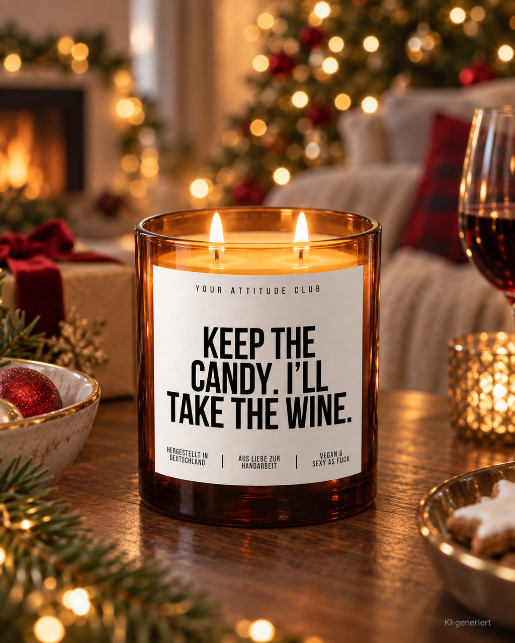 KEEP THE CANDY. I’LL TAKE THE WINE. – Weihnachtskerze Naturgras Etikett | Weihnachtsgeschenk | Geschenk für Freunde | Geschenkidee Weihnachten
