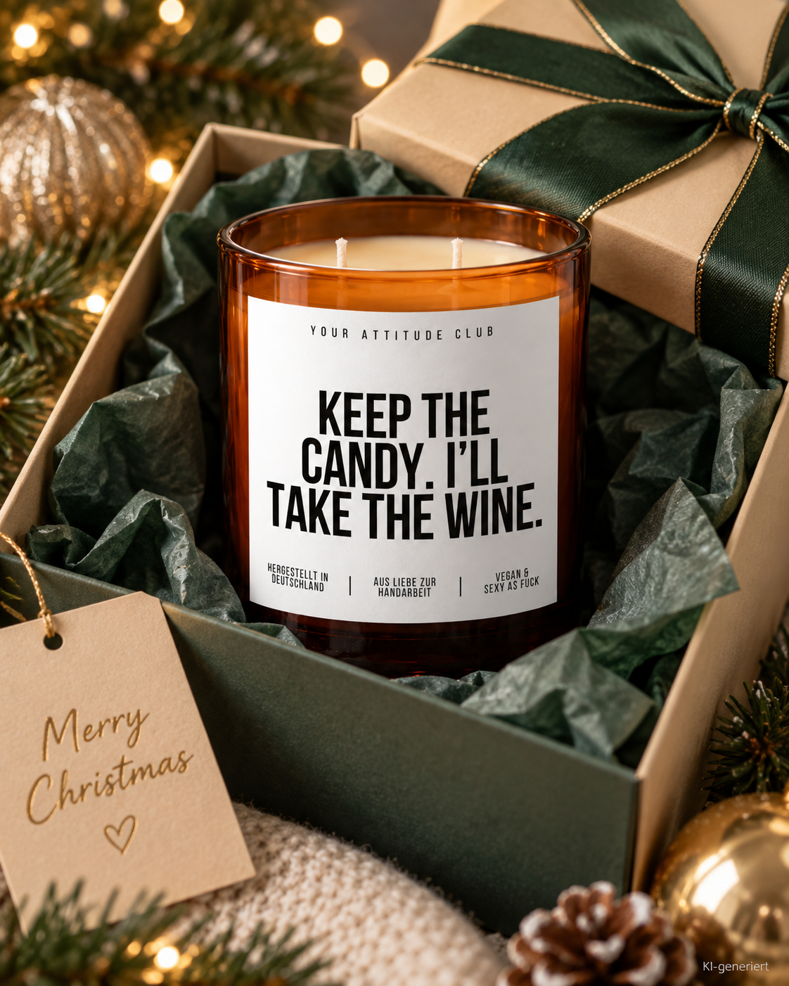 KEEP THE CANDY. I’LL TAKE THE WINE. – Weihnachtskerze Naturgras Etikett | Weihnachtsgeschenk | Geschenk für Freunde | Geschenkidee Weihnachten