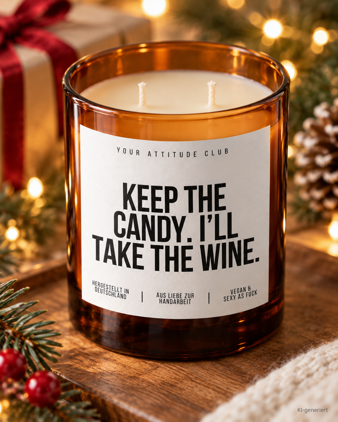 KEEP THE CANDY. I’LL TAKE THE WINE. – Weihnachtskerze Naturgras Etikett | Weihnachtsgeschenk | Geschenk für Freunde | Geschenkidee Weihnachten