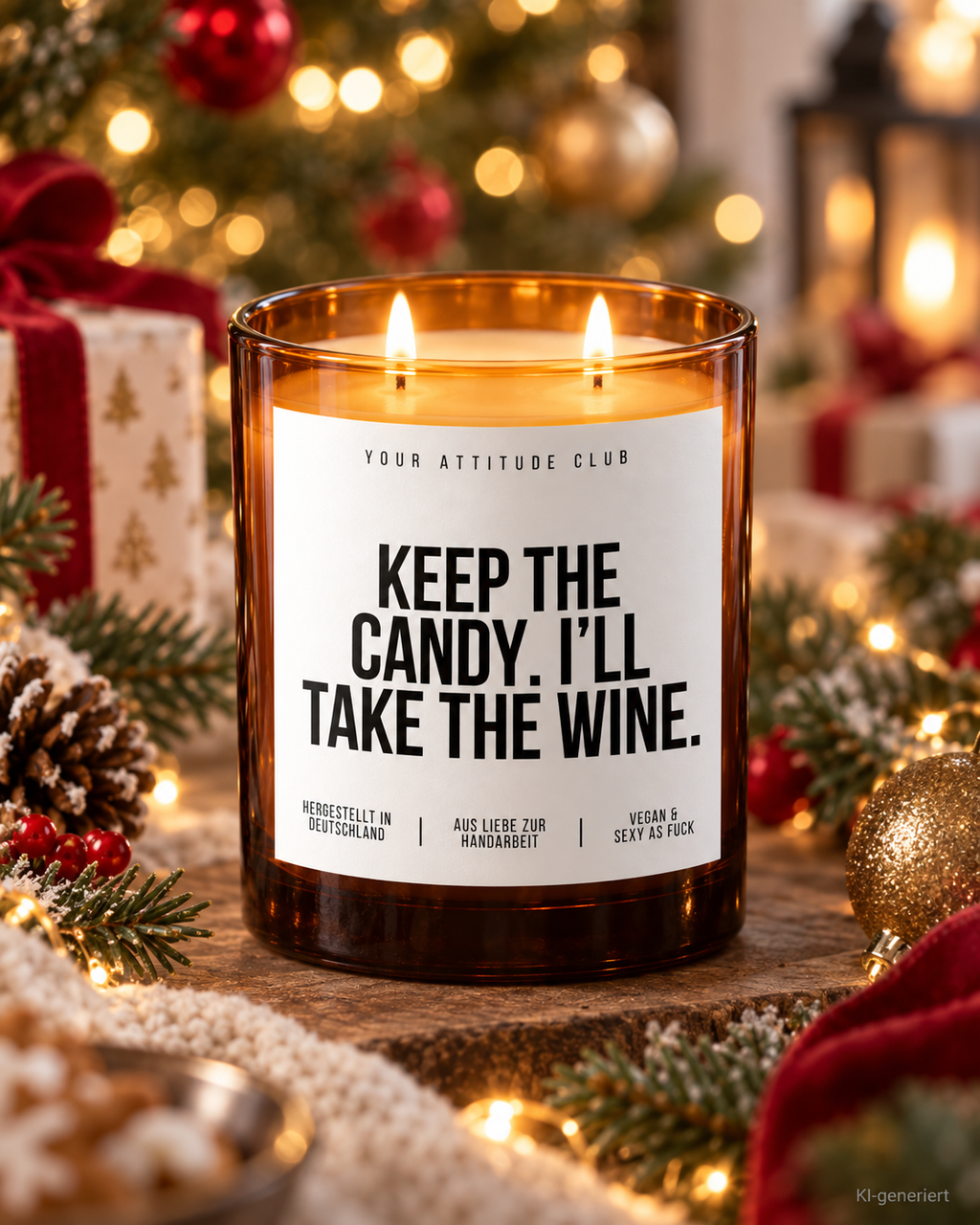 KEEP THE CANDY. I’LL TAKE THE WINE. – Weihnachtskerze Naturgras Etikett | Weihnachtsgeschenk | Geschenk für Freunde | Geschenkidee Weihnachten