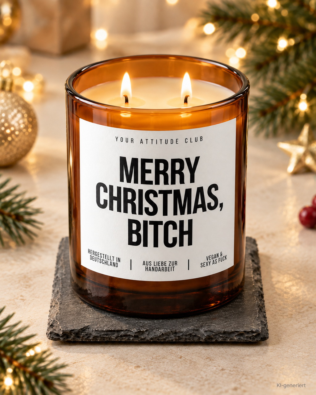 MERRY CHRISTMAS, BITCH – Weihnachtskerze Naturgras Etikett | Lustiges Weihnachtsgeschenk | Geschenk für Freundin & Kollegin | Geschenkidee Weihnachten