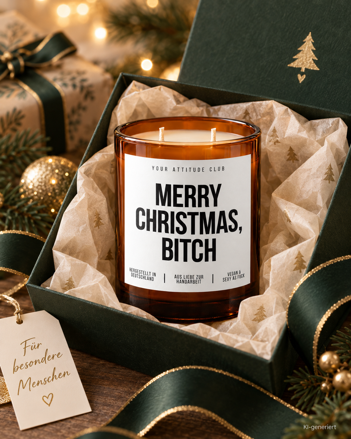 MERRY CHRISTMAS, BITCH – Weihnachtskerze Naturgras Etikett | Lustiges Weihnachtsgeschenk | Geschenk für Freundin & Kollegin | Geschenkidee Weihnachten