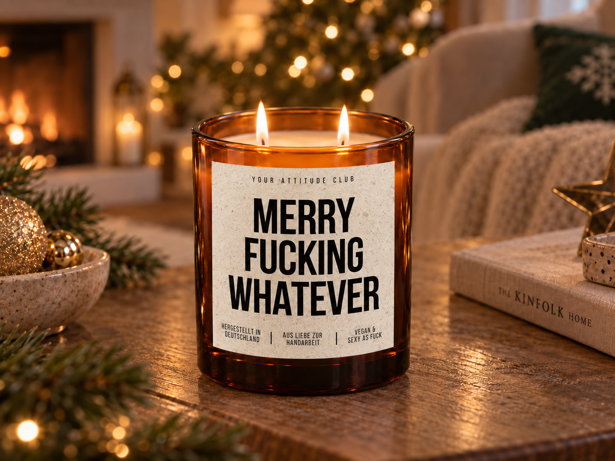 MERRY FUCKING WHATEVER – Weihnachtskerze Naturgras Etikett | Lustiges Weihnachtsgeschenk | Geschenk für Freundin, Kollegin & Freunde | Geschenkidee Weihnachten