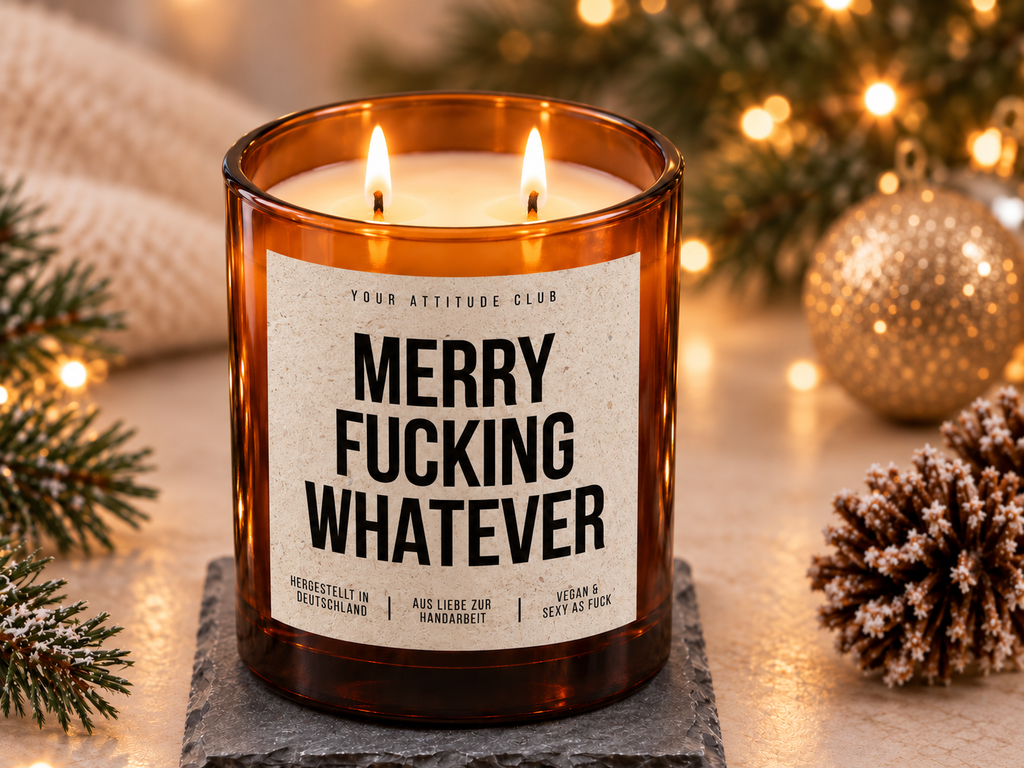 MERRY FUCKING WHATEVER – Weihnachtskerze Naturgras Etikett | Lustiges Weihnachtsgeschenk | Geschenk für Freundin, Kollegin & Freunde | Geschenkidee Weihnachten