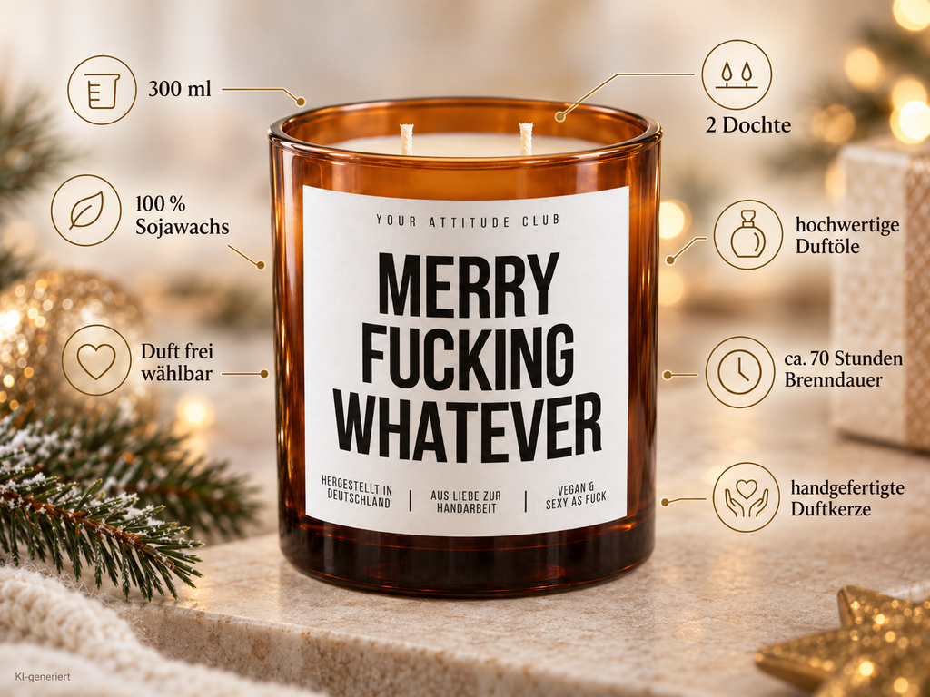 MERRY FUCKING WHATEVER – Weihnachtskerze Naturgras Etikett | Lustiges Weihnachtsgeschenk | Geschenk für Freundin, Kollegin & Freunde | Geschenkidee Weihnachten