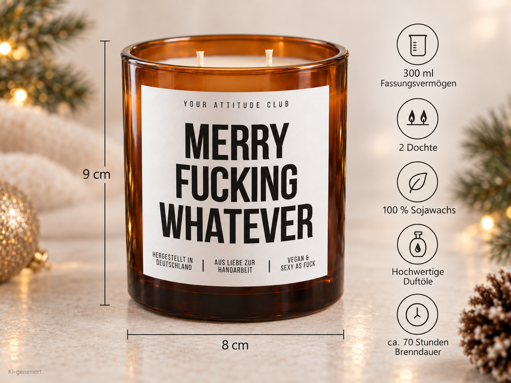 MERRY FUCKING WHATEVER – Weihnachtskerze Naturgras Etikett | Lustiges Weihnachtsgeschenk | Geschenk für Freundin, Kollegin & Freunde | Geschenkidee Weihnachten