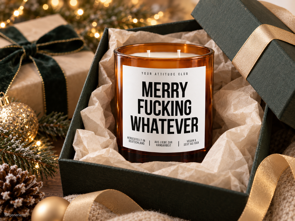 MERRY FUCKING WHATEVER – Weihnachtskerze Naturgras Etikett | Lustiges Weihnachtsgeschenk | Geschenk für Freundin, Kollegin & Freunde | Geschenkidee Weihnachten