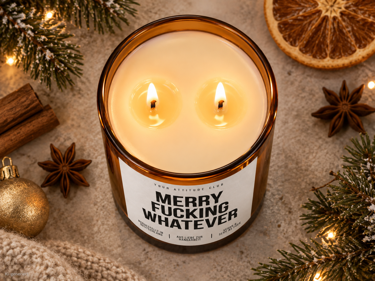 MERRY FUCKING WHATEVER – Weihnachtskerze Naturgras Etikett | Lustiges Weihnachtsgeschenk | Geschenk für Freundin, Kollegin & Freunde | Geschenkidee Weihnachten